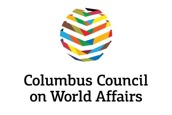 Columbus council on world affairs logo with rainbow striped coloring and patterning.