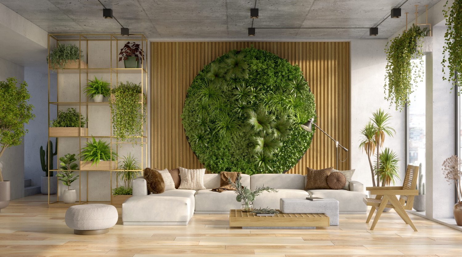 Living room space with natural wood accent wall and greenery wall with white couch and brown pillows