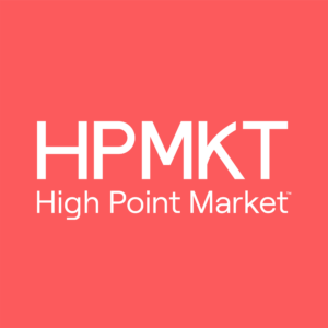 Coral/red color background of graphic with white font reading "HPMKT" above and "High Point Market" Below