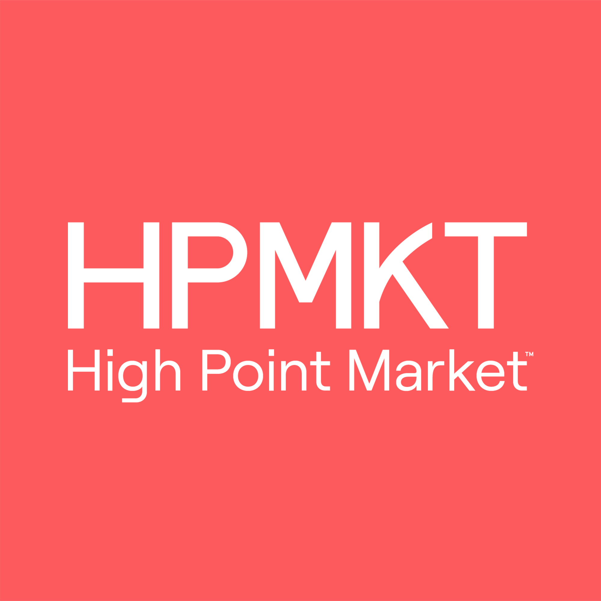 Coral/red color background of graphic with white font reading "HPMKT" above and "High Point Market" Below