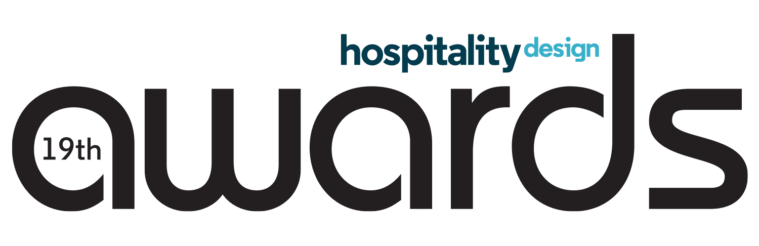 Logo for the 19th Hospitality Design Awards, with the event name in bold black and blue text on a white background.