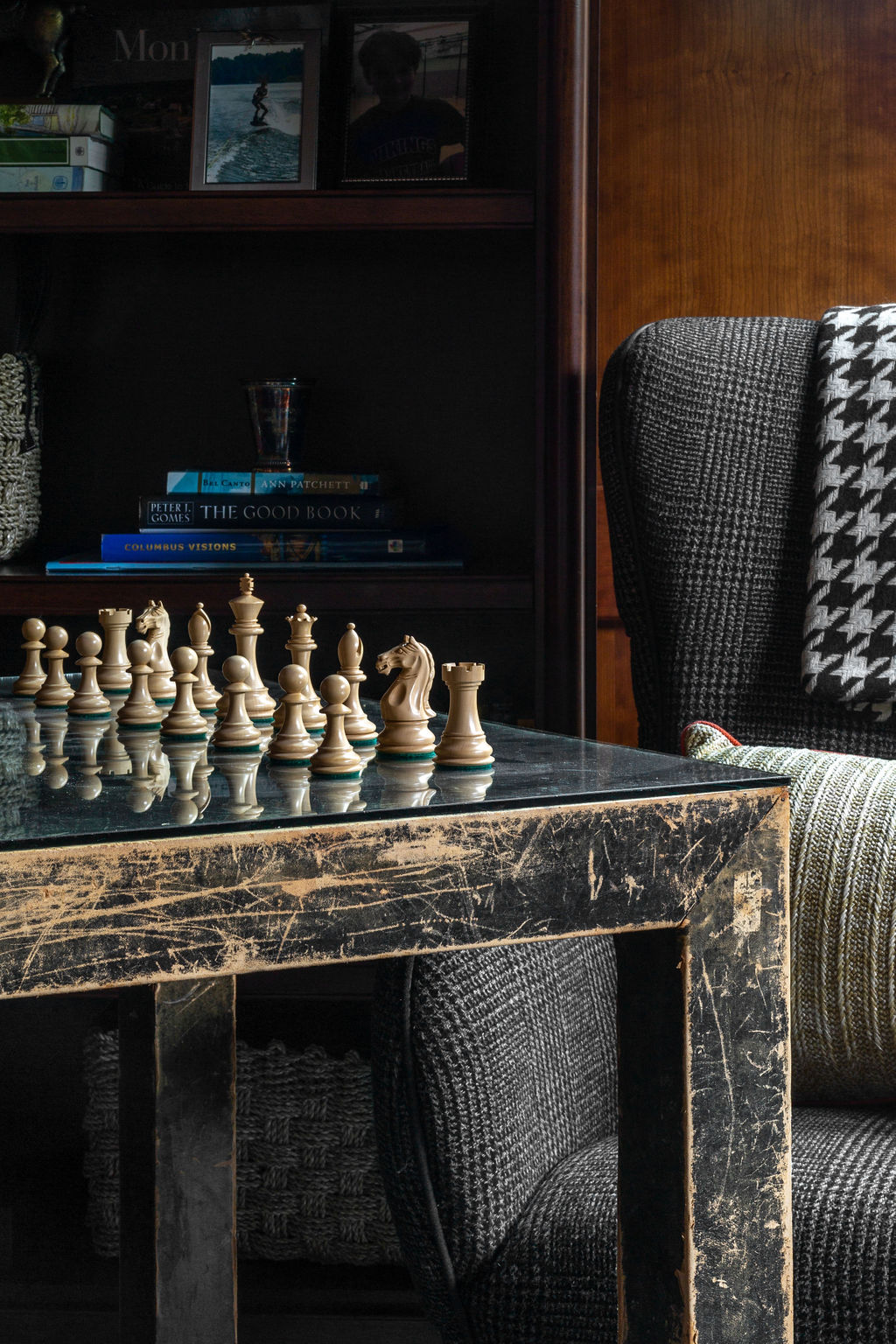 A chess board on a table.