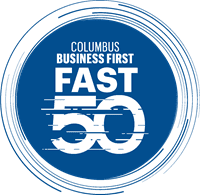 Blue and white circular logo with the text 