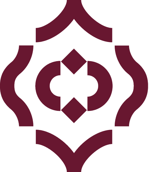 Maroon geometric shapes forming a symmetrical pattern with curves, diamonds, and semicircles on a light gray background.