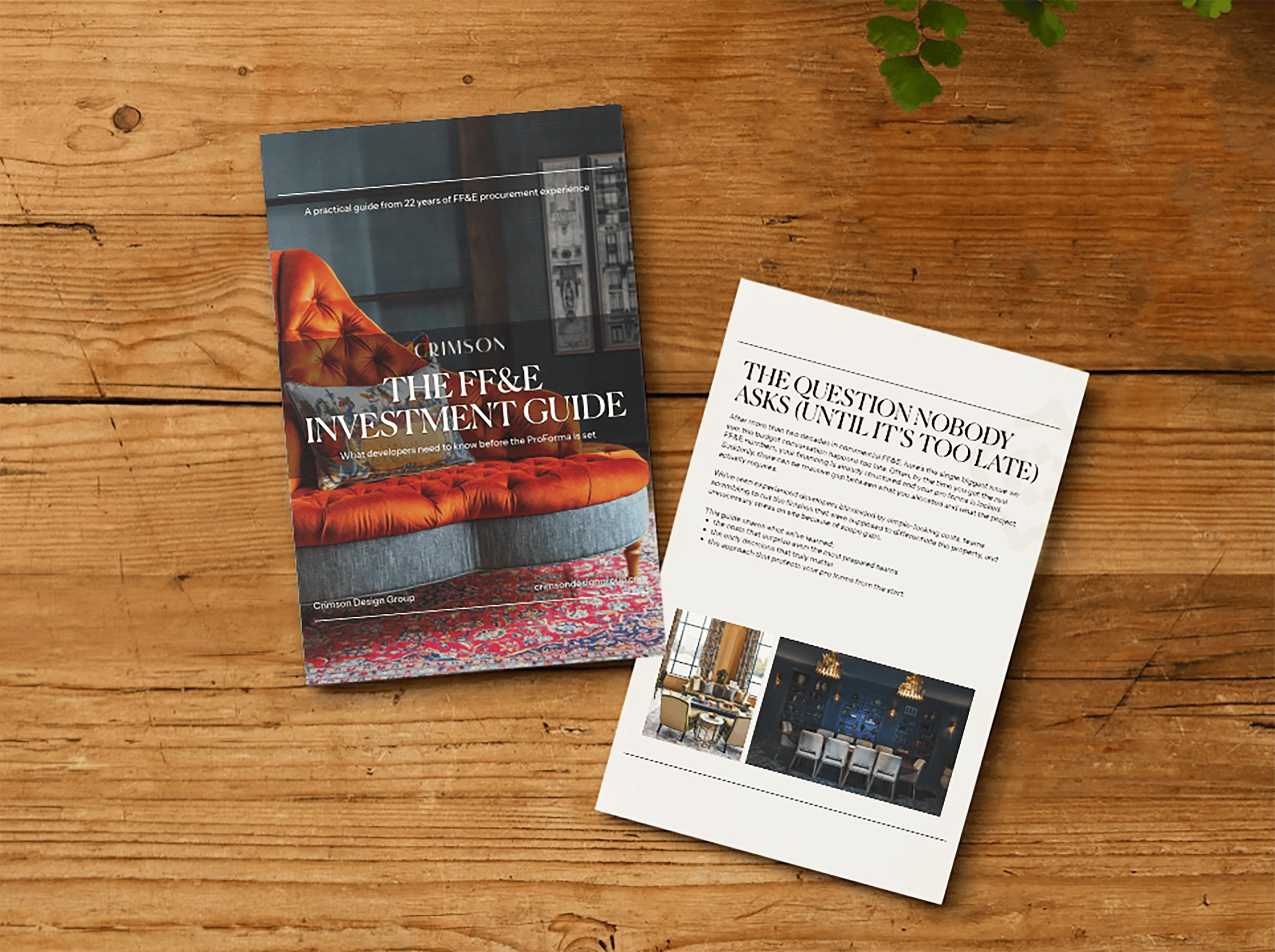 A printed 'FF&E Investment Guide' for developers showing a velvet sofa on the cover and an interior page titled 'The Question Nobody Asks (Until It’s Too Late).'