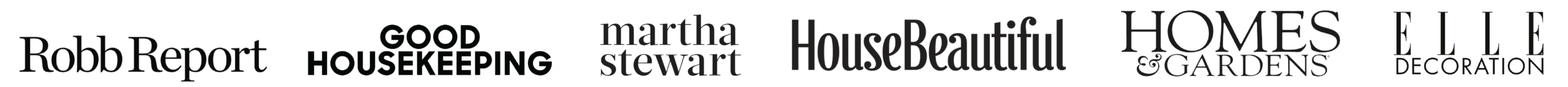 Logos of Robb Report, Good Housekeeping, Martha Stewart, House Beautiful, Better Homes & Gardens, and Elle Decoration displayed in a row.