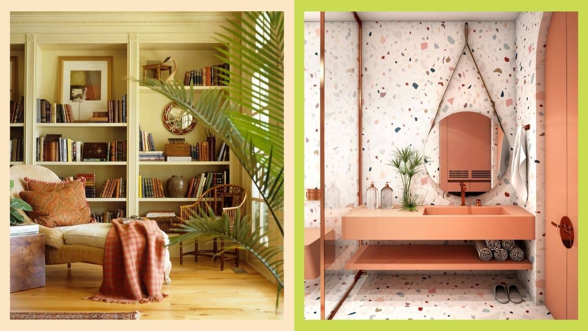 Split image: Left side shows a cozy library with bookshelves, armchair, and warm decor by Crimson Design Group; right side features a modern bathroom with terrazzo walls and a pink vanity.