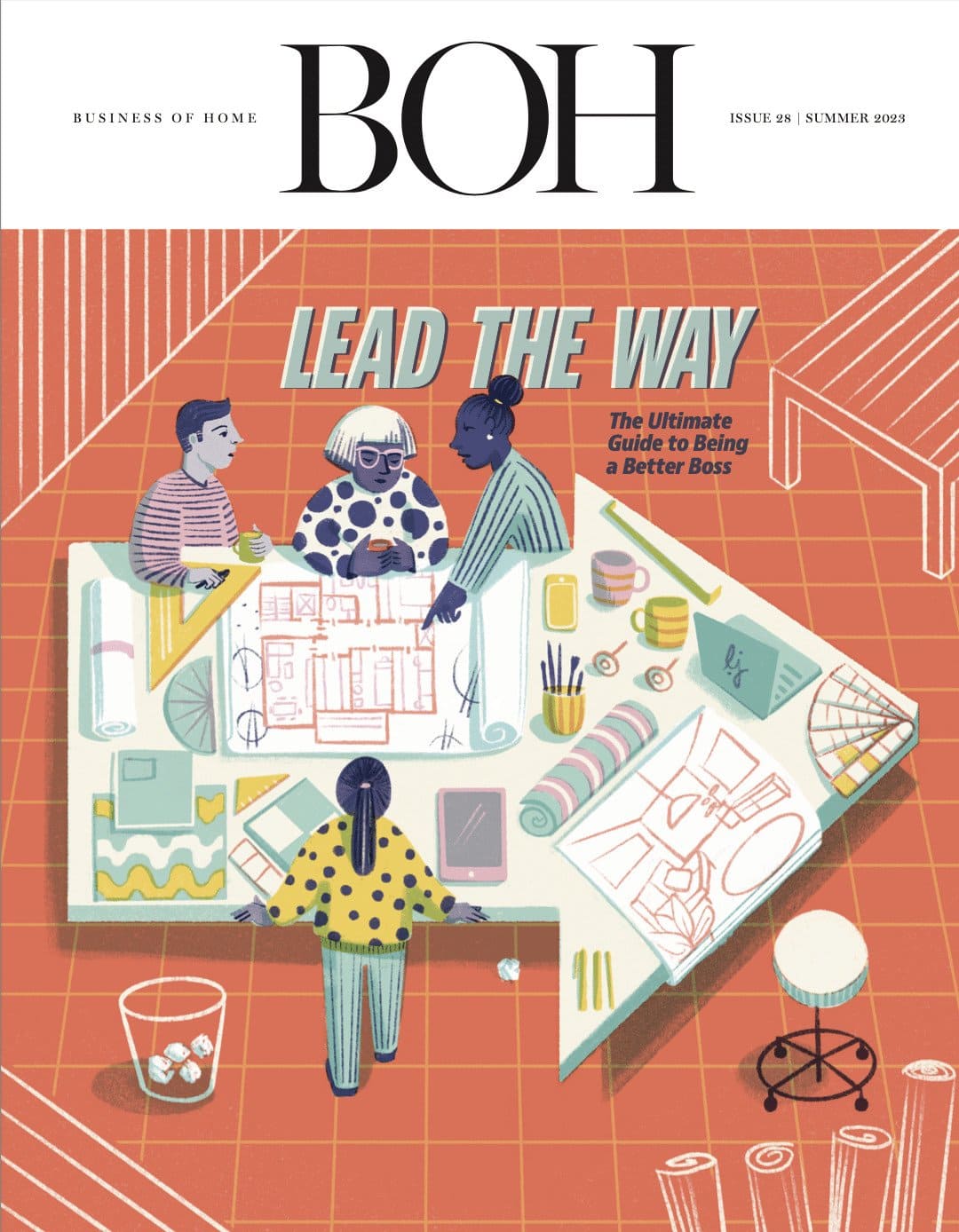 Illustration of four people collaborating over design plans at a table shaped like an arrow, with "Lead the Way" on the cover of Business of Home magazine—featuring inspiration from Crimson Design Group.