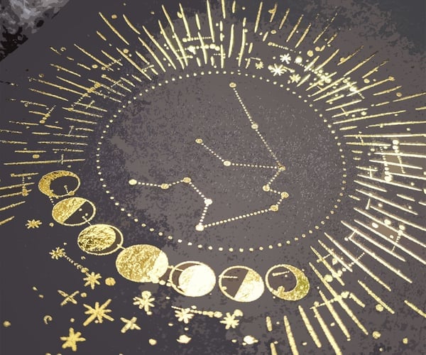 Gold-foil illustration by Crimson Design Group featuring moon phases, a star constellation, and radiating decorative lines on a dark background.