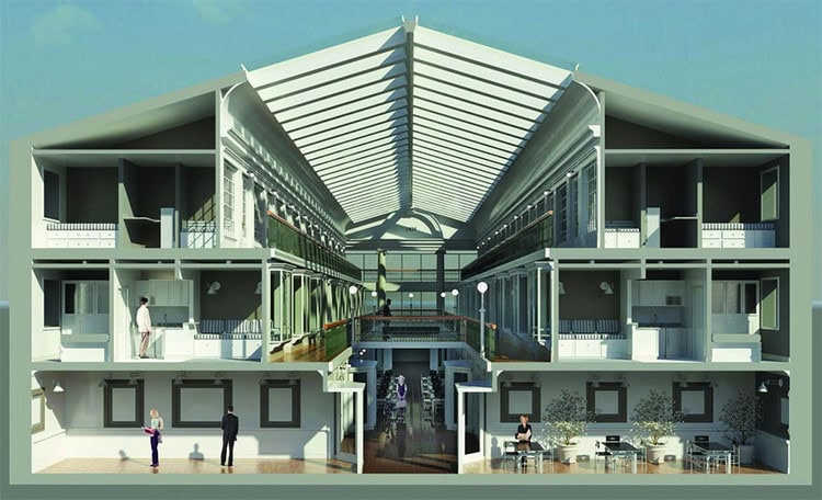 A cross-sectional view of a multi-story building by Crimson Design Group, featuring open corridors, balconies, and people walking and sitting in inviting communal areas.