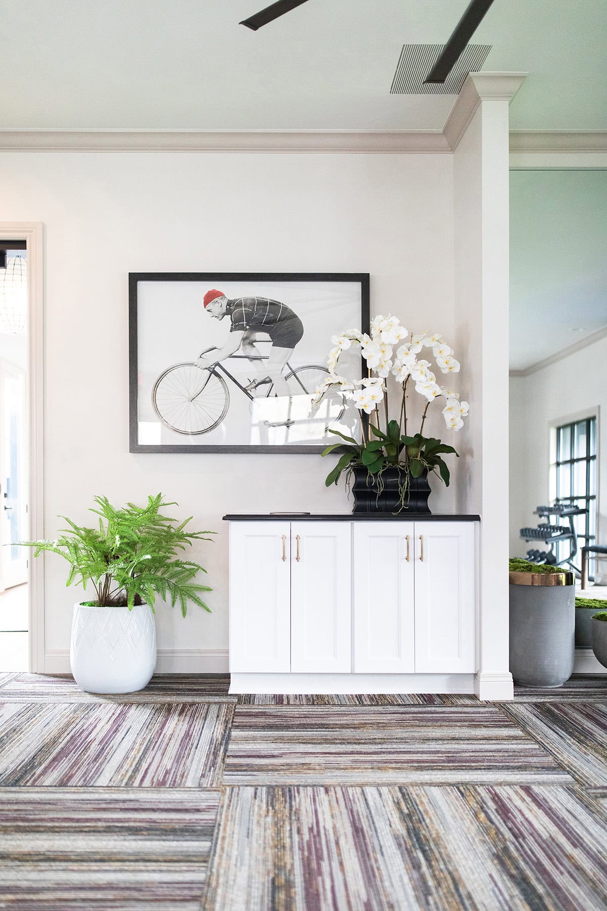 A white cabinet with gold handles sits below a framed bicycle artwork, flanked by potted plants on a patterned carpet in a bright, modern room.