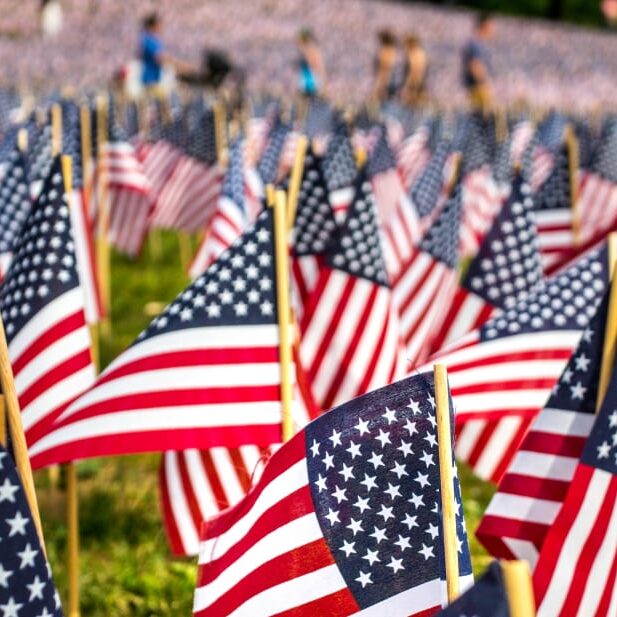 Hundreds of small American flags are planted in rows on a grassy field, with people walking in the blurred background—a moving tribute designed with the thoughtful touch of Crimson Design Group.