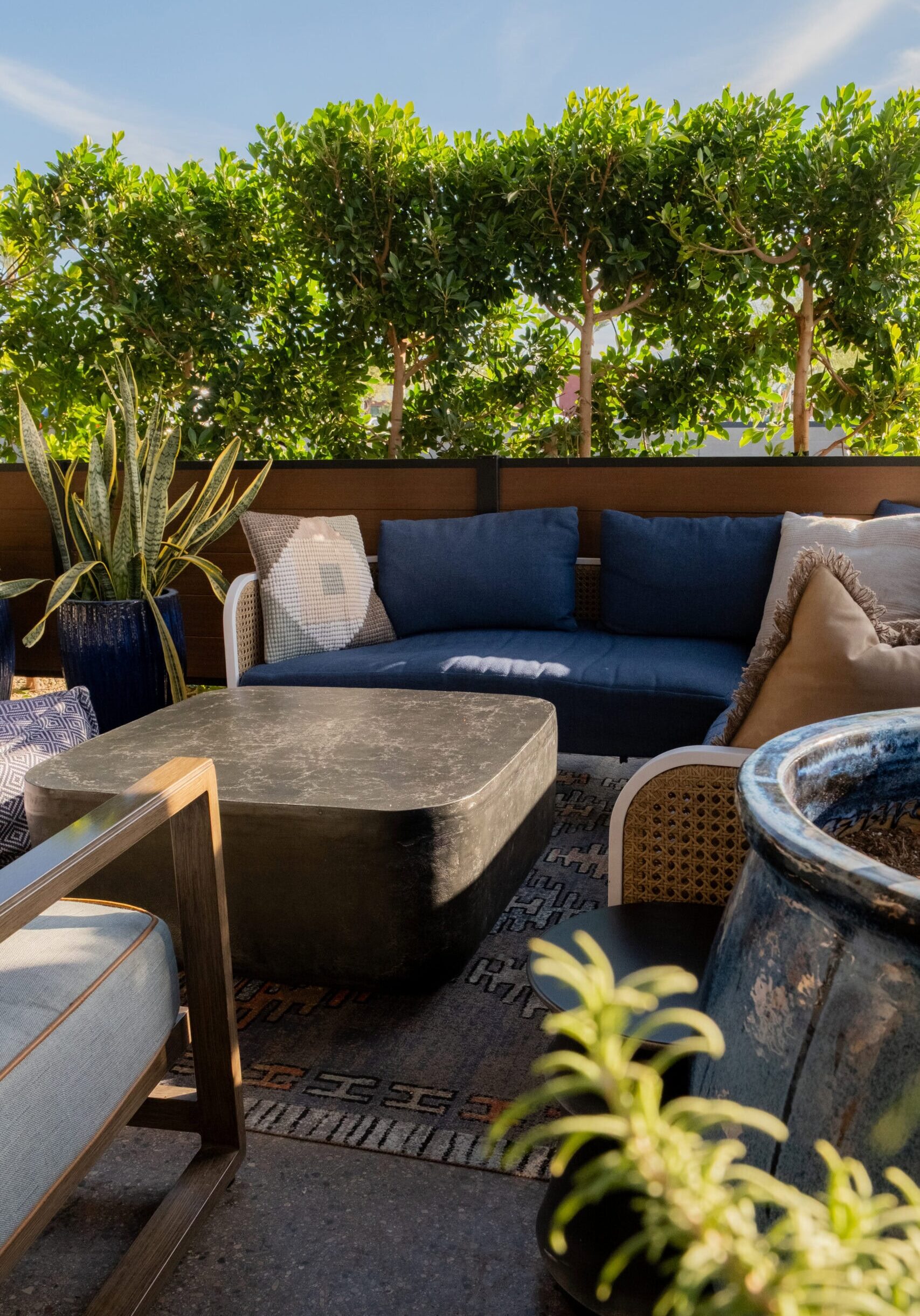 Outdoor patio seating area with blue cushions, a black table, decorative plants, and a leafy green privacy hedge in the background.