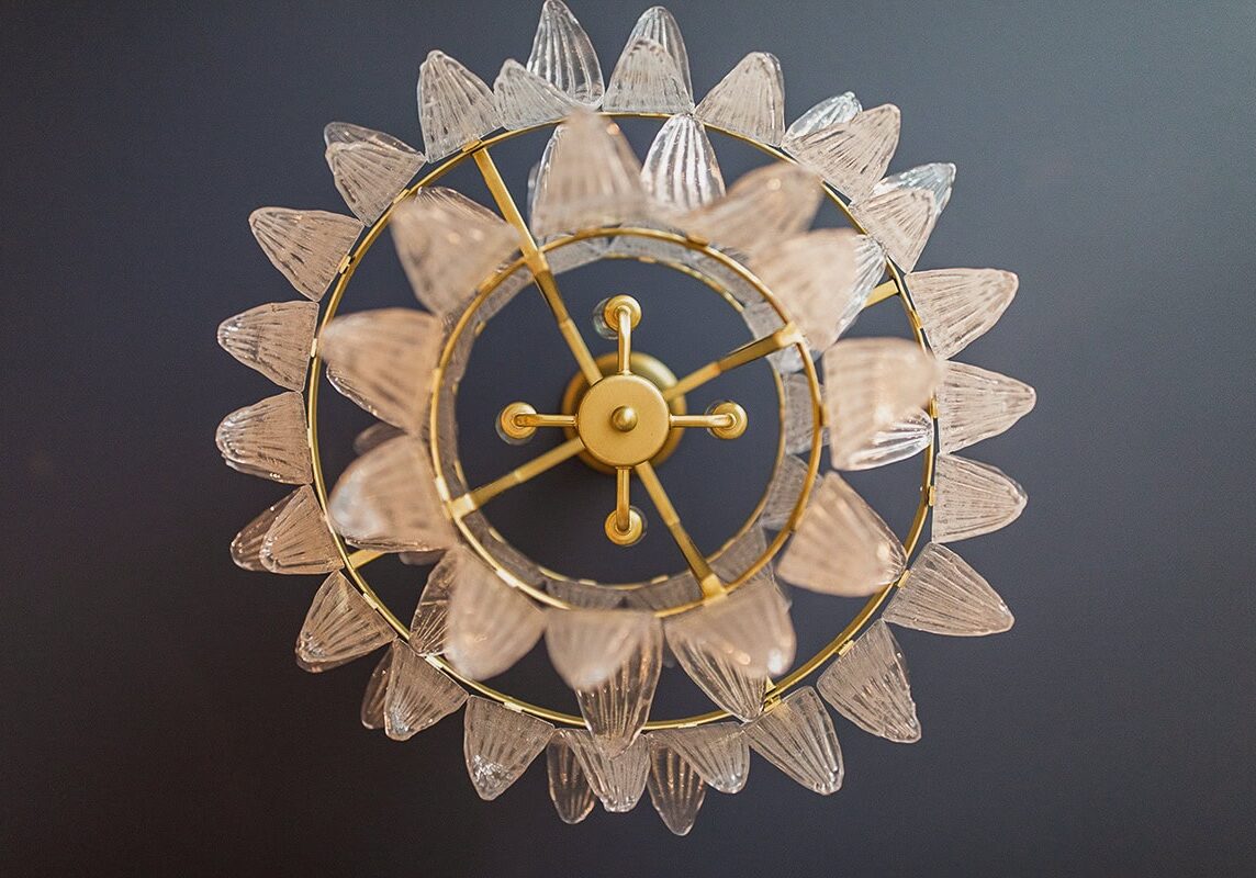 A chandelier with gold metal arms and clear, leaf-shaped glass pieces, viewed from directly below against a dark background.