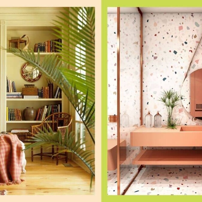 Split image: Left side shows a cozy library with bookshelves, armchair, and warm decor by Crimson Design Group; right side features a modern bathroom with terrazzo walls and a pink vanity.