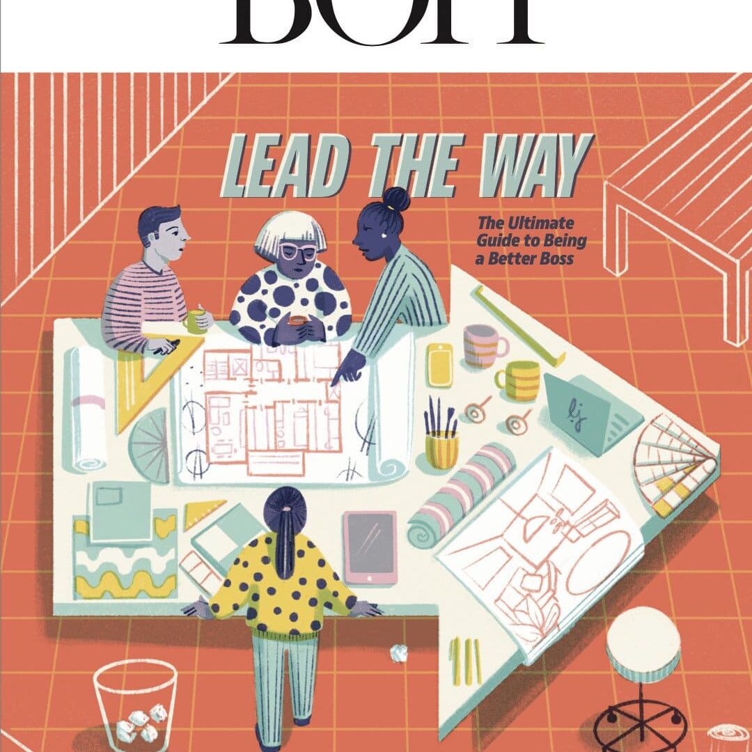 Illustration of four people collaborating over design plans at a table shaped like an arrow, with "Lead the Way" on the cover of Business of Home magazine—featuring inspiration from Crimson Design Group.