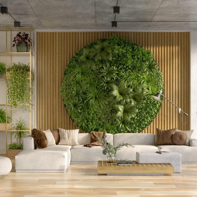 Modern living room by Crimson Design Group featuring a large circular green plant wall, neutral sofas, wooden accents, and various potted plants for a bright, natural, and minimalist atmosphere.