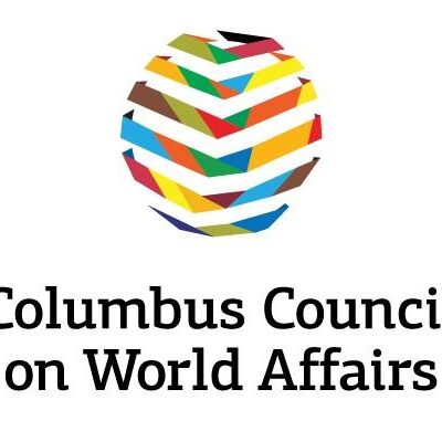 Columbus Council on World Affairs logo, designed by Crimson Design Group, features a globe of colorful, chevron-shaped lines above the organization’s name in bold black text.