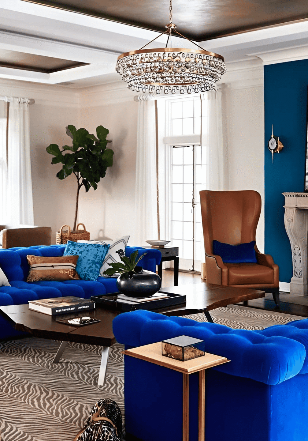 Spacious living room with blue velvet sofas, tan armchairs, a fireplace with artwork above, large windows, a chandelier, and a potted plant in the corner.