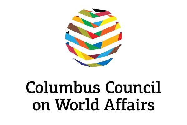 Columbus Council on World Affairs logo, designed by Crimson Design Group, features a globe of colorful, chevron-shaped lines above the organization’s name in bold black text.
