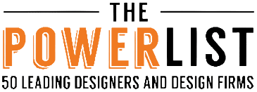 Logo with the text “The Power List: 50 Leading Designers and Design Firms” in bold black and orange letters on a light background.