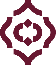A symmetrical maroon geometric pattern inspired by Crimson Design Group, featuring curved brackets and diamond shapes on a light gray background.
